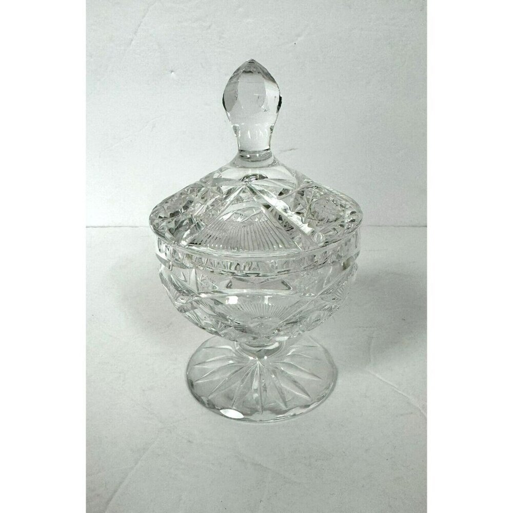 Clear pressed glass vintage candy dish with lid etched floral designs